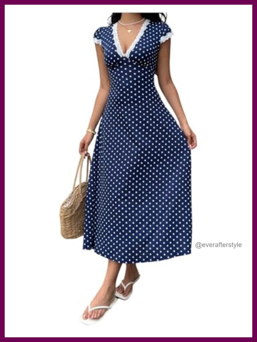 Women's Polka Dot Lace Trim V Neck A-Line Maxi Dress